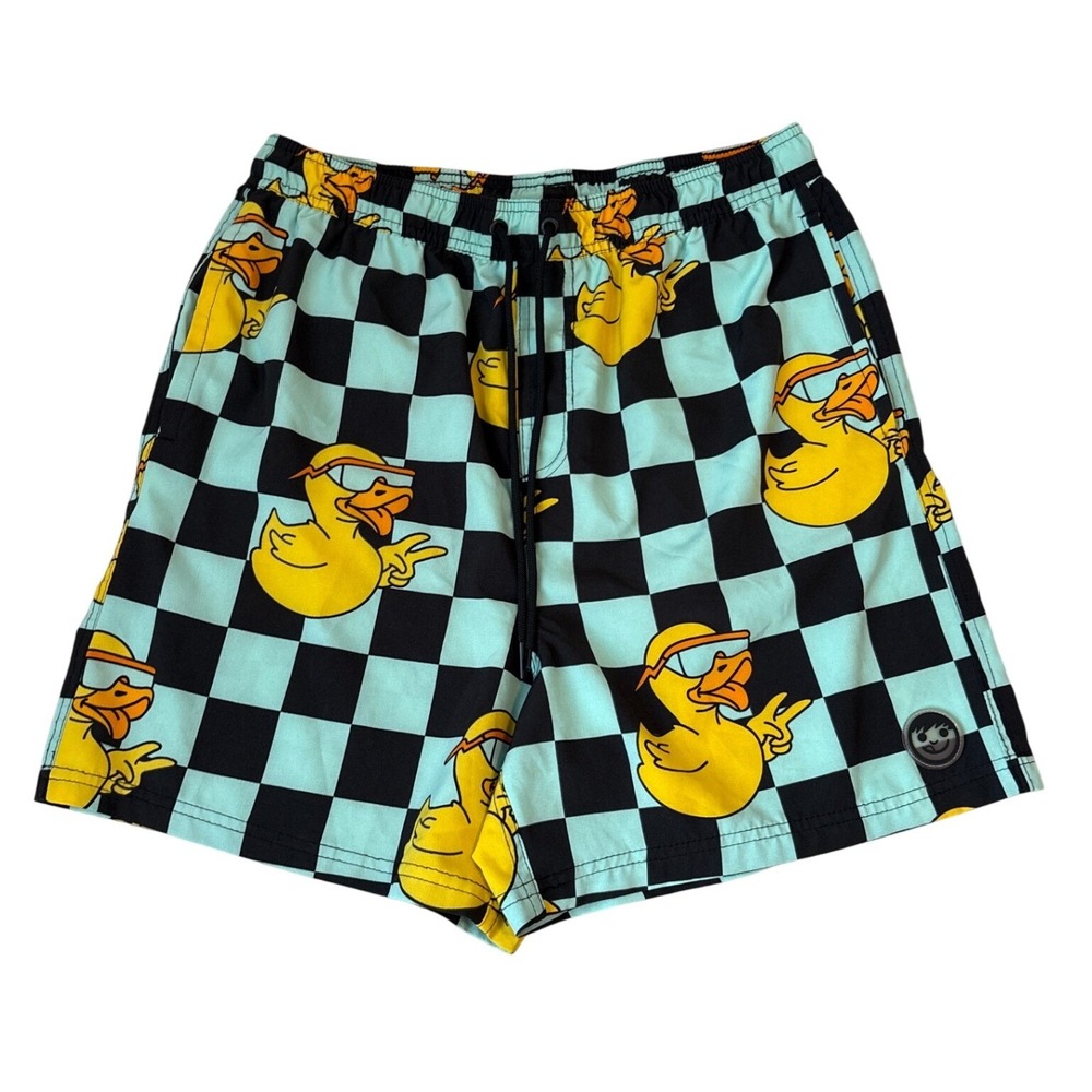 Neff Swim Trunks Men Teal Black Checkered Rubber Duck Graphic SIZE XL